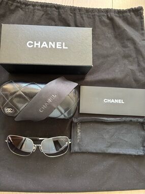 100% Authentic CHANEL square CC Sunglasses silver tone Metal Frame Grey Tint